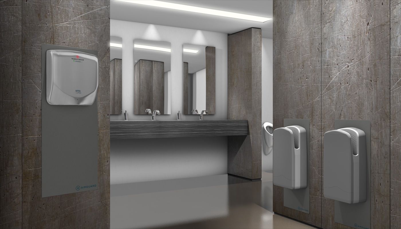 AirGuard grey backplates fitted behind hand dryers in a modern washroom