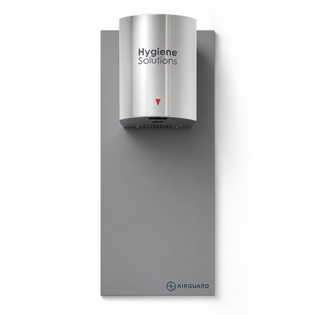 AirGuard antimicrobial backplate accessory with a chrome hand dryer mounted on a grey panel