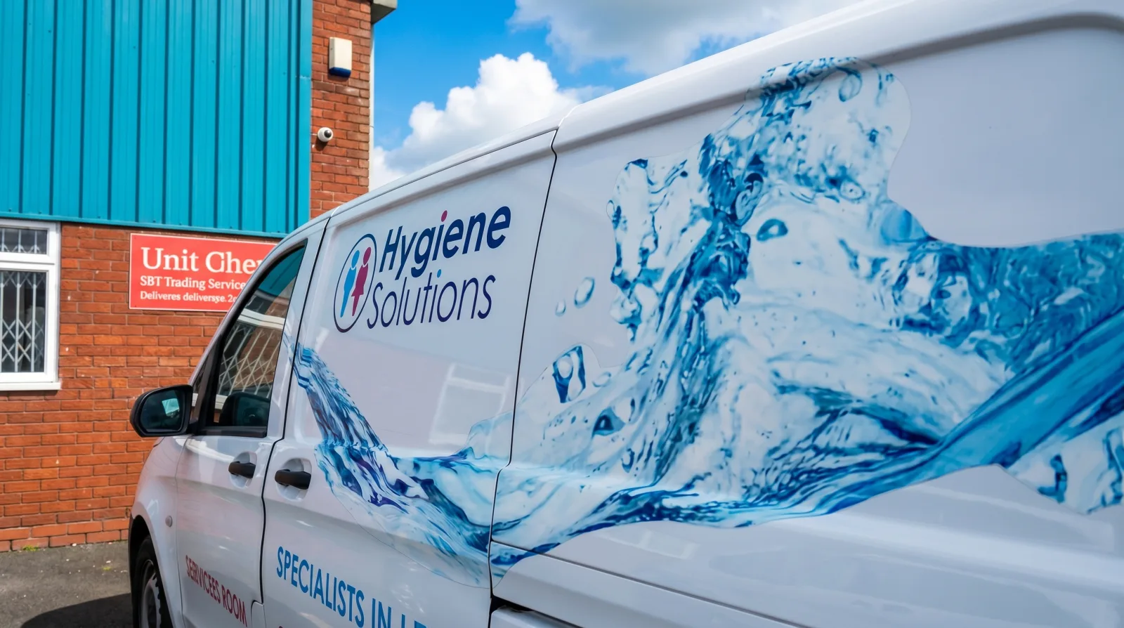 Hygiene Solutions branded van parked outside a building