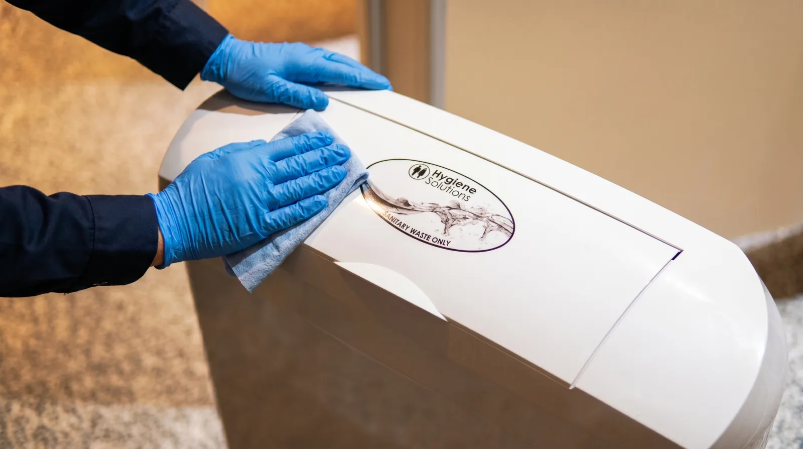 Hygiene Solutions engineer wiping down a sanitary bin during servicing