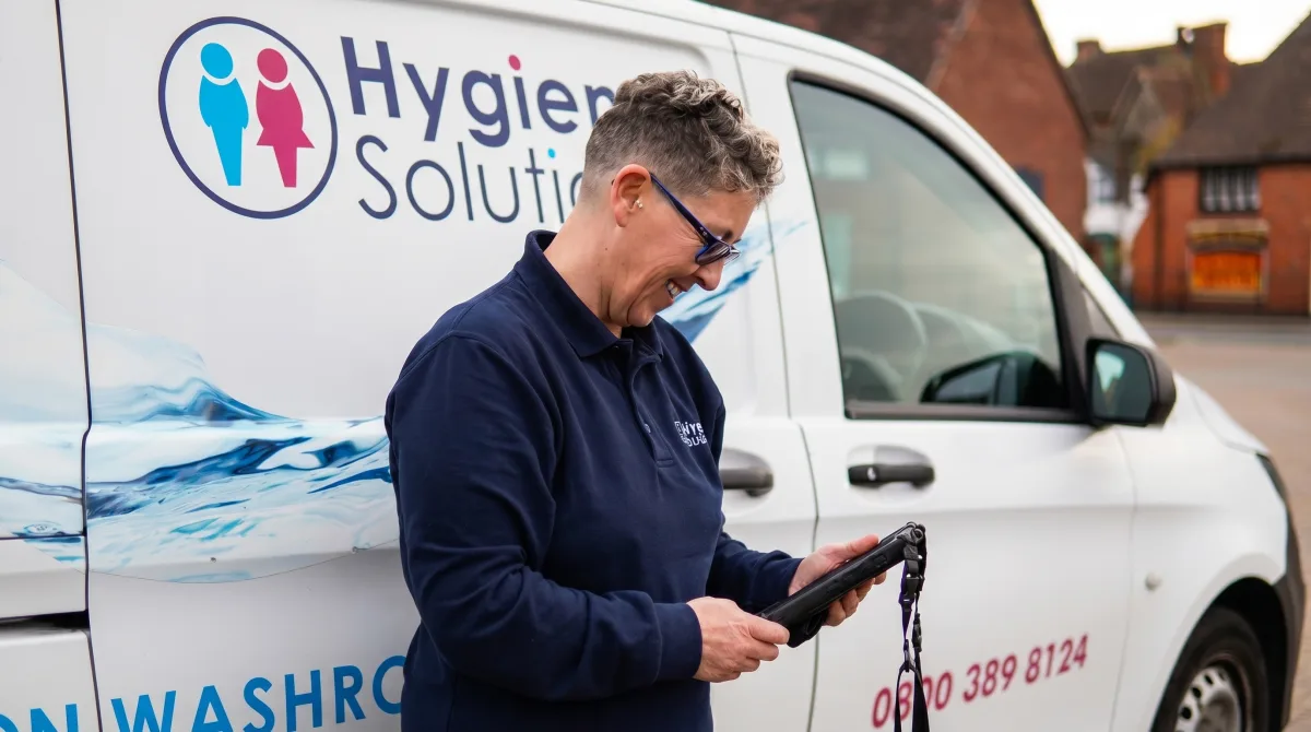 Hygiene Solutions engineer logging a service visit on a tablet beside a branded van