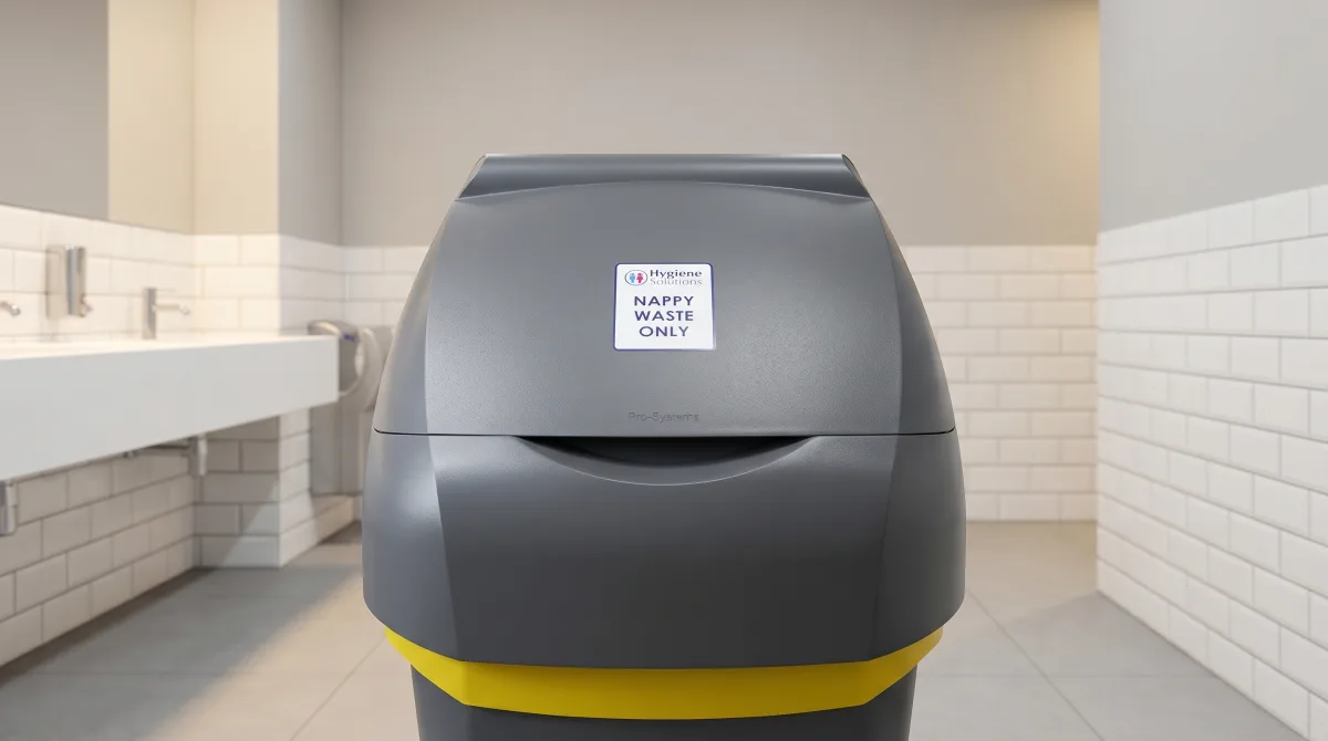 Branded Hygiene Solutions nappy waste bin in a clean commercial washroom