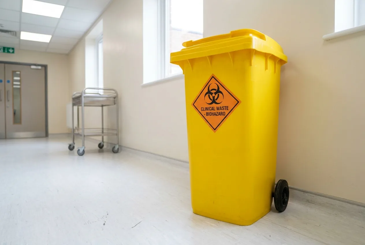 Yellow clinical waste bins with biohazard labels in a clinical setting