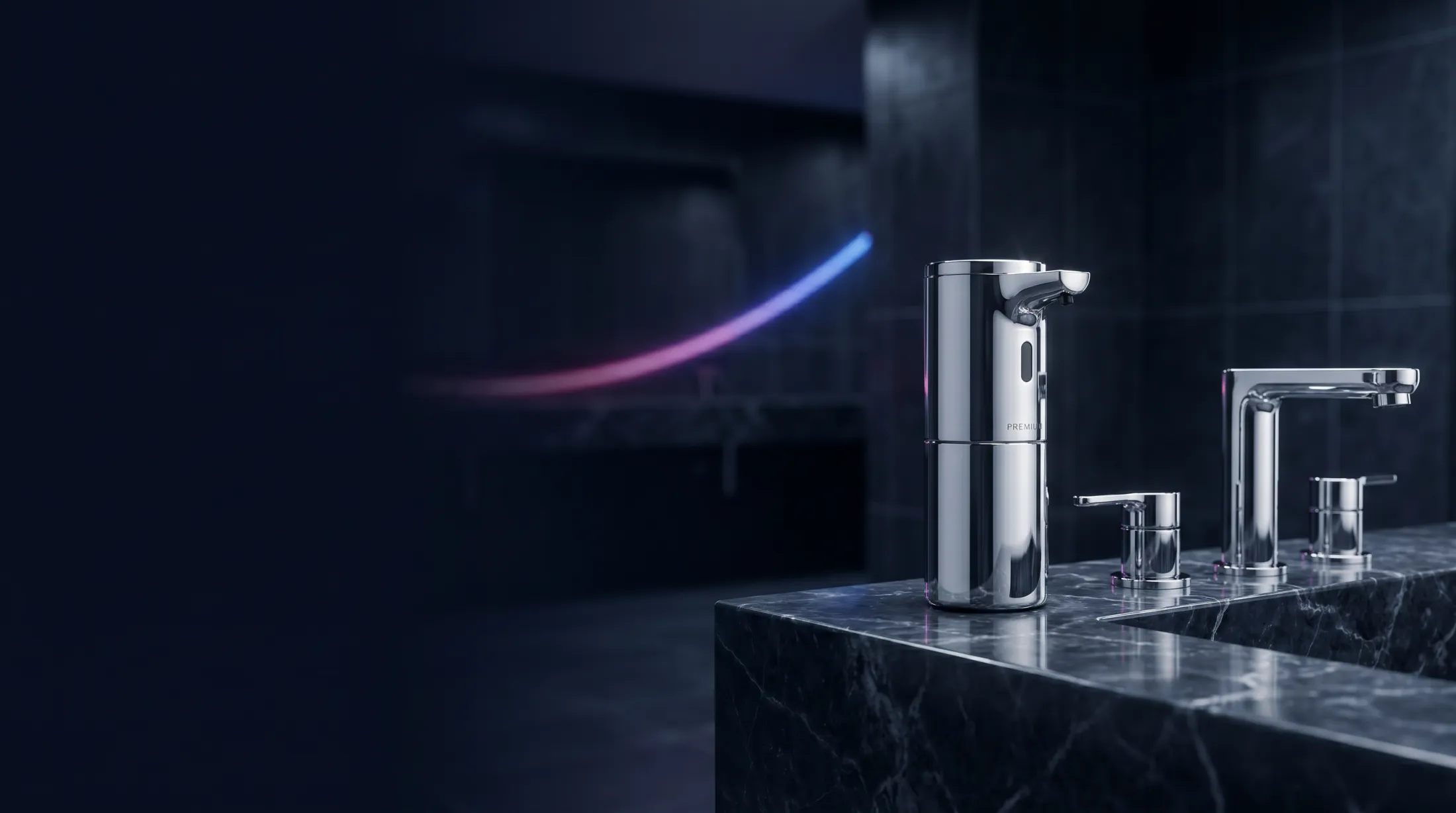 A premium designer chrome soap dispenser on a marble vanity in a luxury washroom