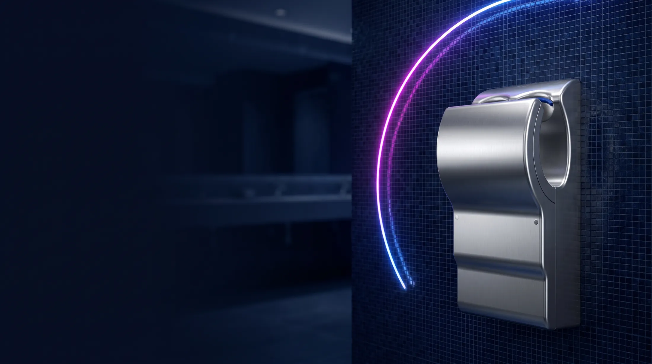 A sleek stainless-steel high-speed jet hand dryer mounted in a commercial washroom