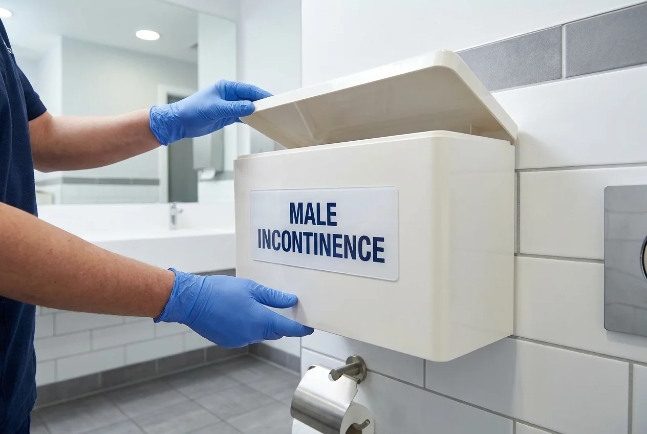 Blue-gloved Hygiene Solutions operative servicing a wall-mounted male incontinence disposal bin