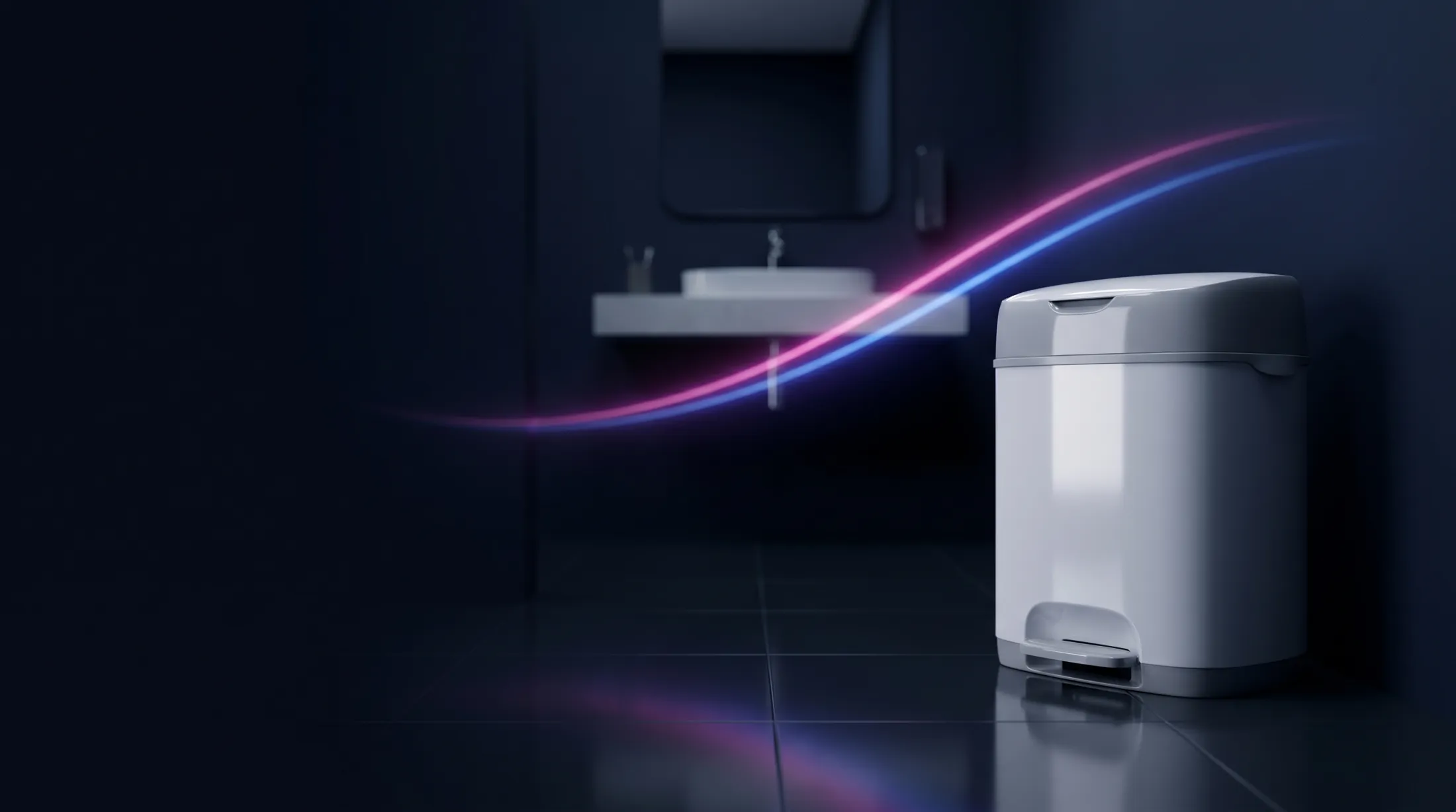 A modern lidded nappy disposal bin in a clean commercial washroom