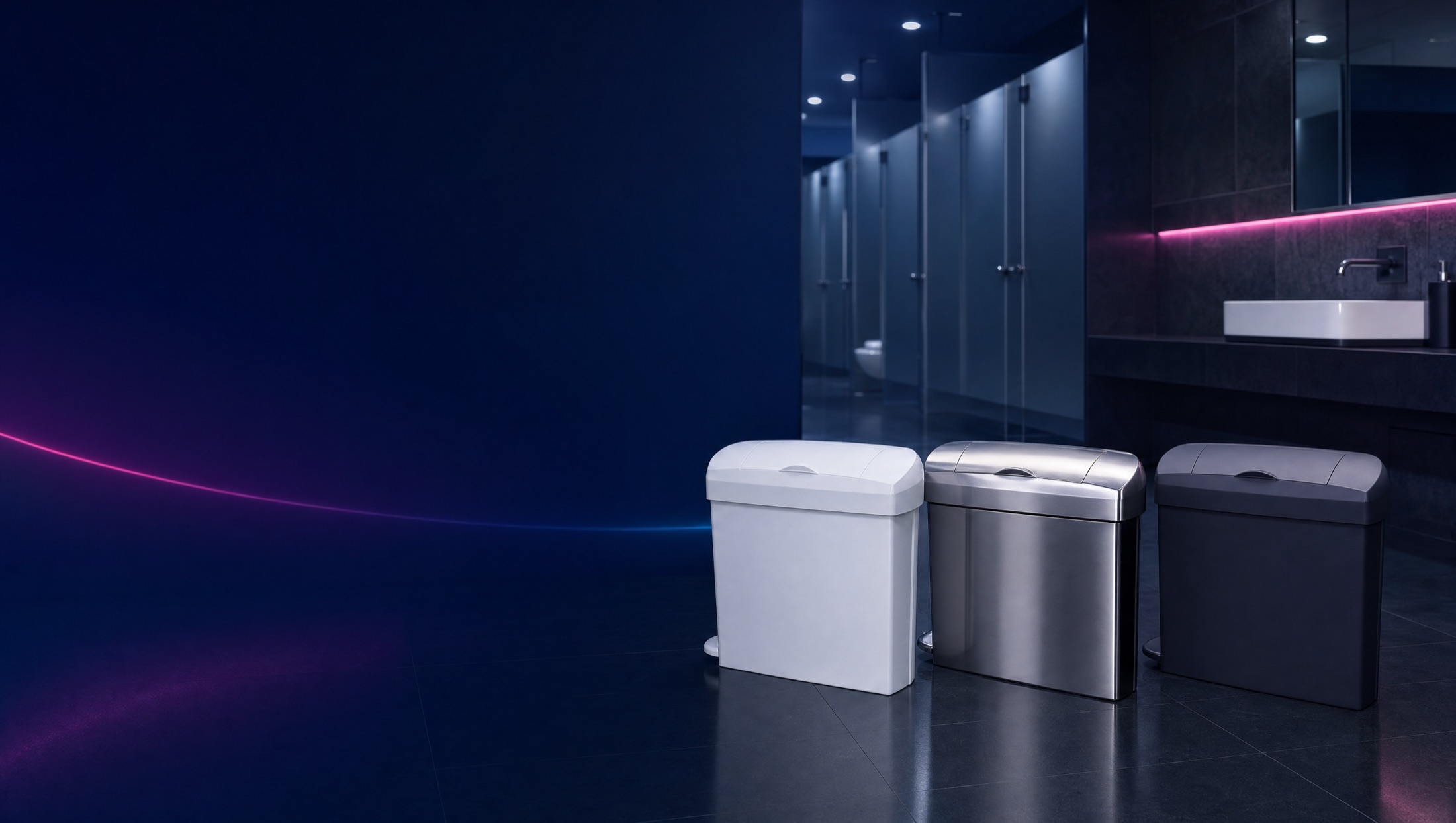 Row of modern sensor-activated sanitary bins in a clean commercial washroom
