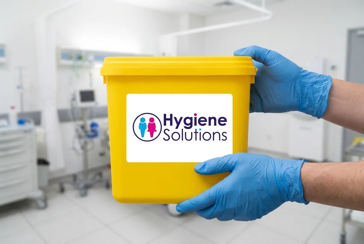 A yellow sharps disposal container mounted on a wall in a clinical room