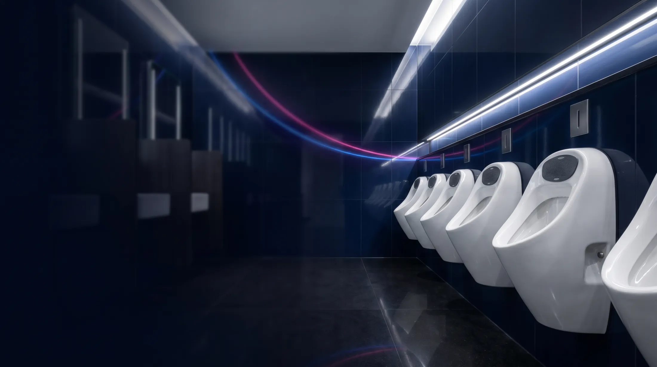 A row of wall-mounted urinals fitted with hygiene screens in a commercial washroom