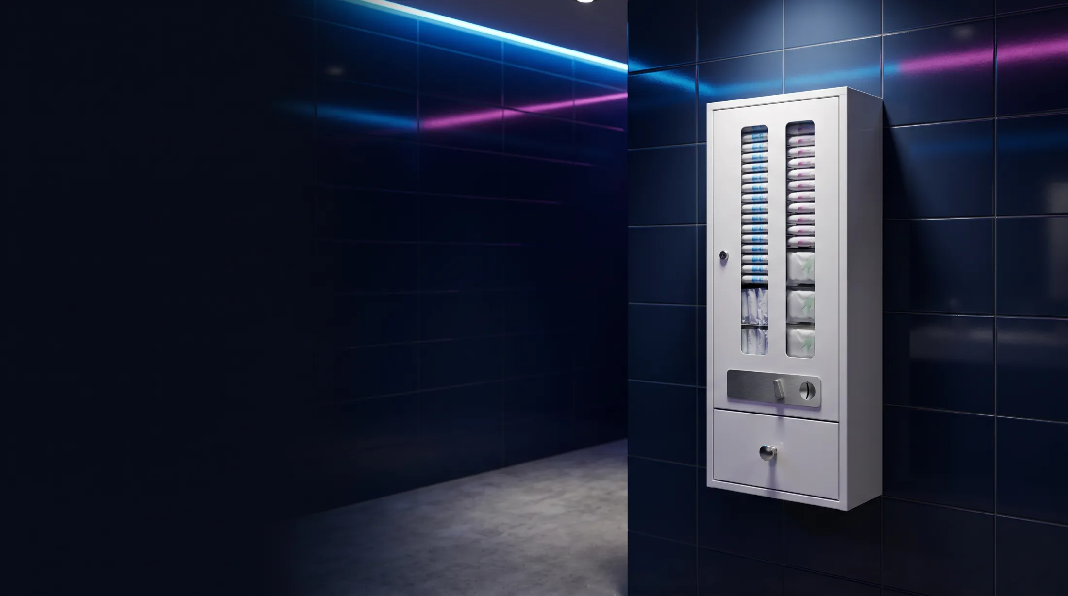 A wall-mounted feminine hygiene vending machine in a commercial washroom